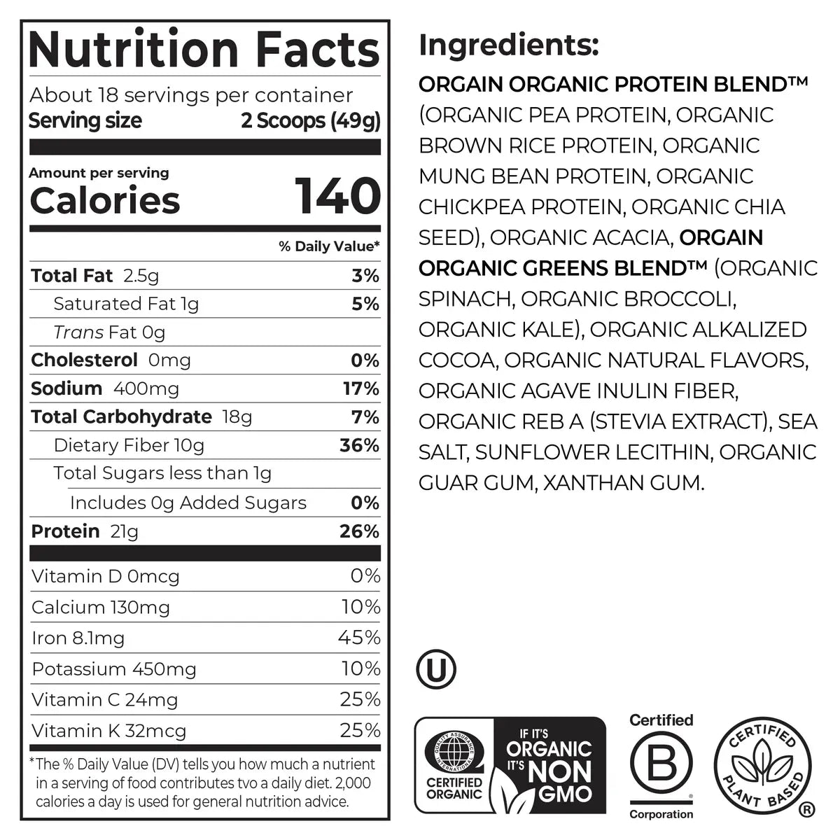 Organic Protein™ & Greens Plant Based Protein Powder - Creamy Chocolate Fudge